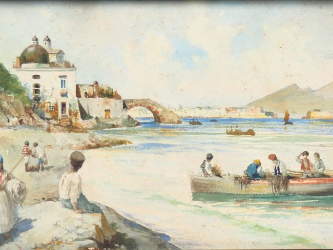 Michele CAPUANO. "Rivages animés près de Naples". Paire d'aquarelles, 