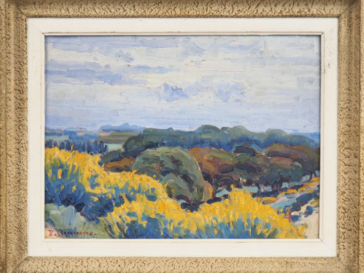 P. CARCASSONNE. "Paysage". Huile sur isorel signée en bas à gauche. Di