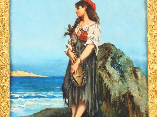 CHEBROUX. "Jeune italienne au bord de la mer". Huile sur toile signée 