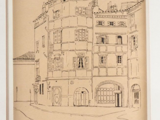Vente aux enchères D. COLLARD. "Rue Henri de Gorsse à Toulouse". Dessin à la plume monogr