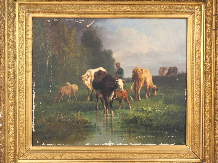 A. CORTES. "Bergère et son troupeau". Huile sur toile signée en bas à 