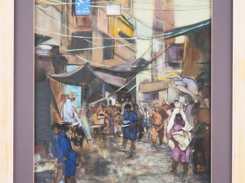 A. CUNNOC. "Bazar de Lahore au Pakistan". Pastel signé en bas à droite