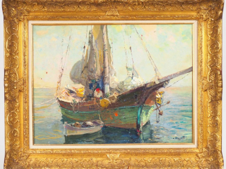 Vente aux enchères Alain DEMARTE. "Marine". Huile sur toile double face signée en bas à d