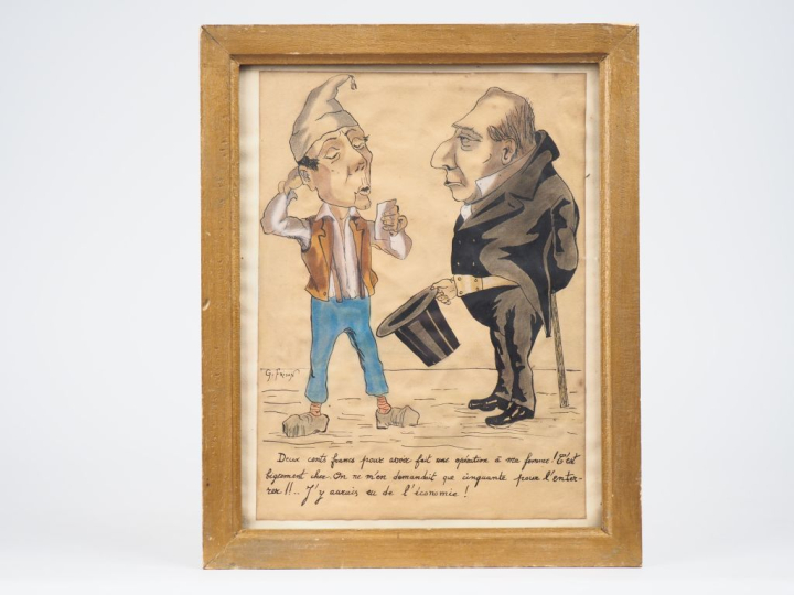 Gustave FRISON. "Caricature". Aquarelle signée en bas à gauche, accomp