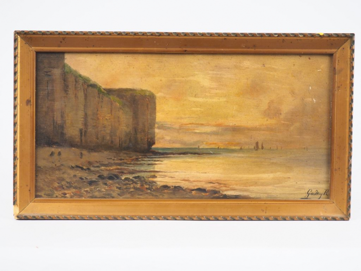 R. GAUDRY. "Le rivage". Huile sur carton signée en bas à droite. Dim. 