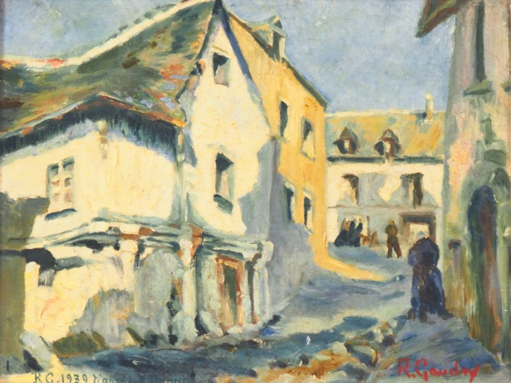 R. GAUDRY. "Ruelle animée". Huile sur toile, signée en bas à droite et