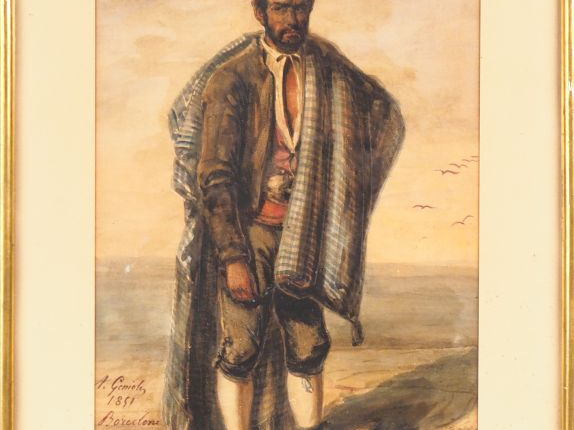 Alfred GENIOLE. "Portrait de barcelonais". Aquarelle signée en bas à g
