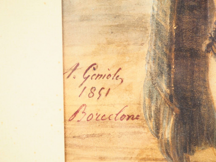 Alfred GENIOLE. "Portrait de barcelonais". Aquarelle signée en bas à g