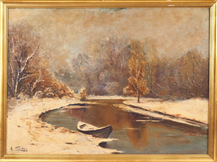 GIORDANI. "Paysage lacustre en hiver". Huile sur panneau signée en bas