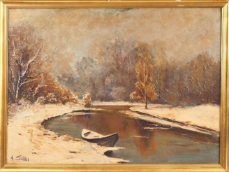 Vente aux enchères GIORDANI. "Paysage lacustre en hiver". Huile sur panneau signée en bas