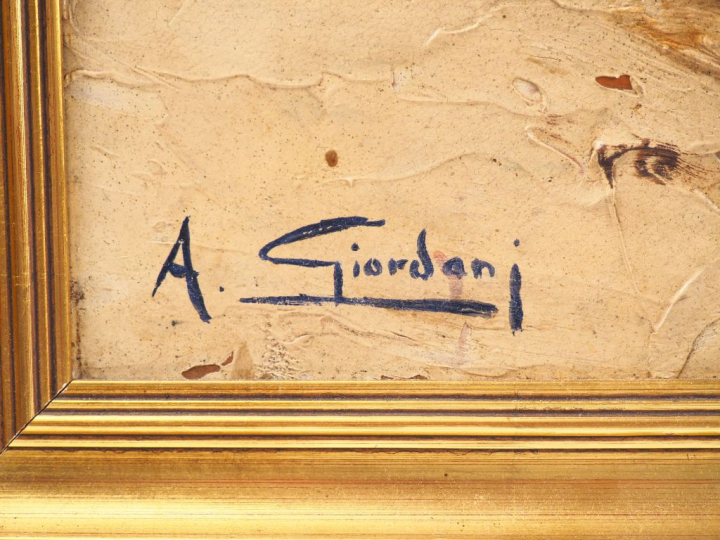 GIORDANI. "Paysage lacustre en hiver". Huile sur panneau signée en bas