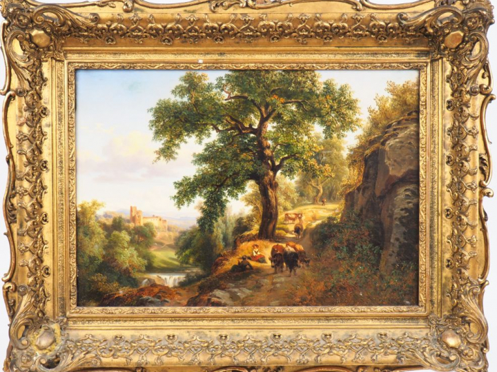 Edouard HOSTEIN. "Le repos des bergers dans la campagne". Huile sur to