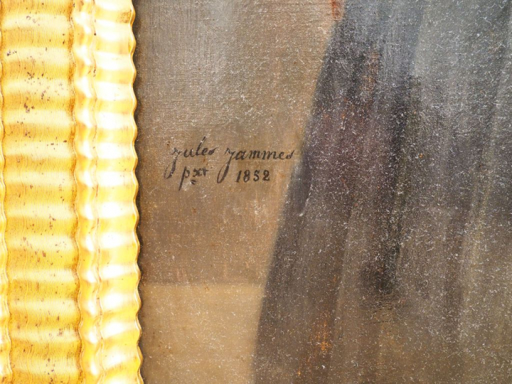 Jules JAMMES. "Portrait d'élégante à l'éventail". Huile sur toile, sig