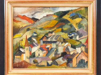 Vente aux enchères René IZAURE. "Village près de Sem près de Vicdessos". Huile sur toile,