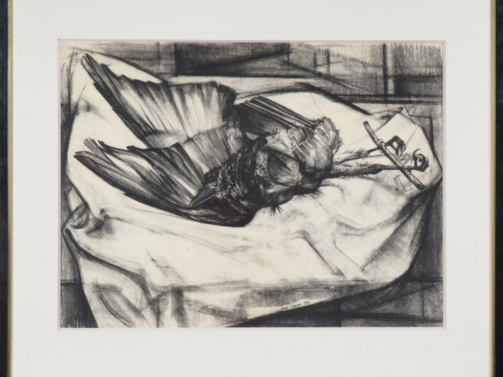 René IZAURE. "Nature morte au gibier". Dessin signé et daté en 1970. D