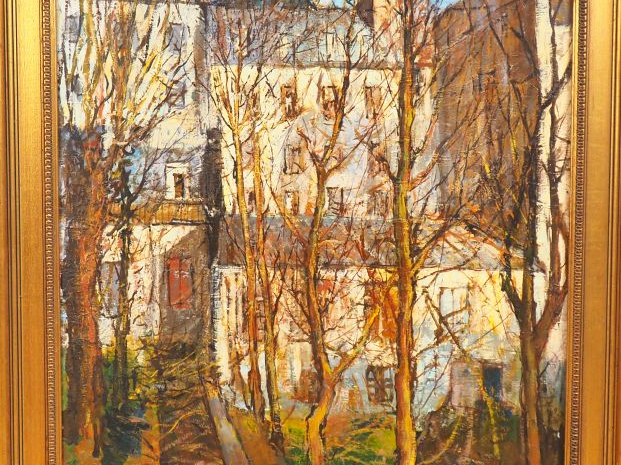 MENENDEL. "Ville ensoleillée en hiver". Huile sur toile signée en bas 