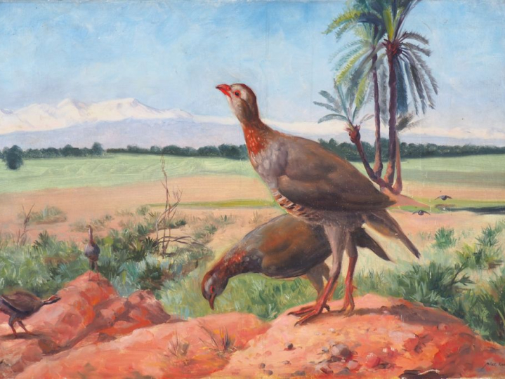 Elie MILLER-RANSON. "Gibier dans un paysage exotique". Huile sur toile