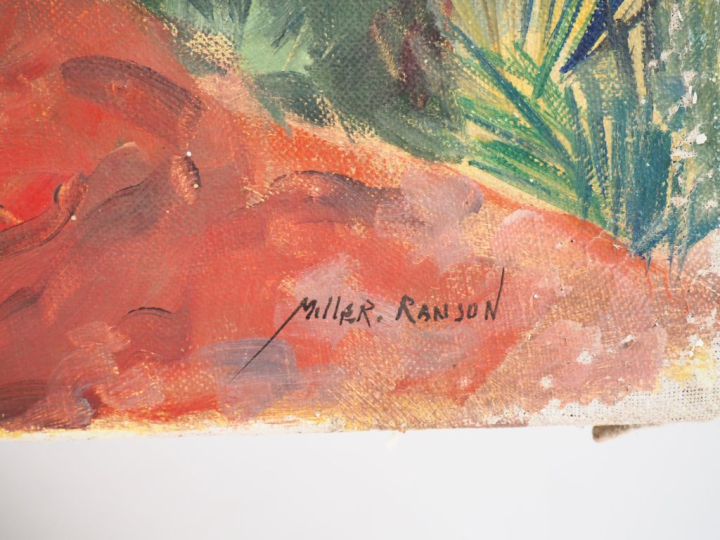 Elie MILLER-RANSON. "Gibier dans un paysage exotique". Huile sur toile