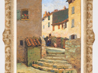 Vente aux enchères Louis MOURGUES. "Discussion dans la ruelle". Huile sur panneau signée 