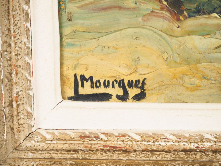 Louis MOURGUES. "Discussion dans la ruelle". Huile sur panneau signée 