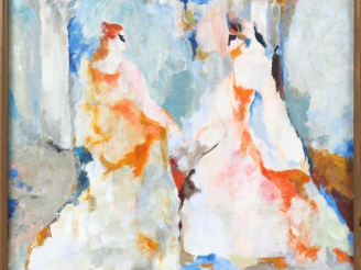 Vente aux enchères CONSTANCE NIELSEN "Le bal masqué". Huile sur toile signée en bas à dro