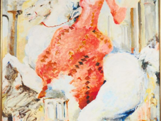 Vente aux enchères CONSTANCE NIELSEN. "Jeune fille à la robe rouge". Huile sur toile sign