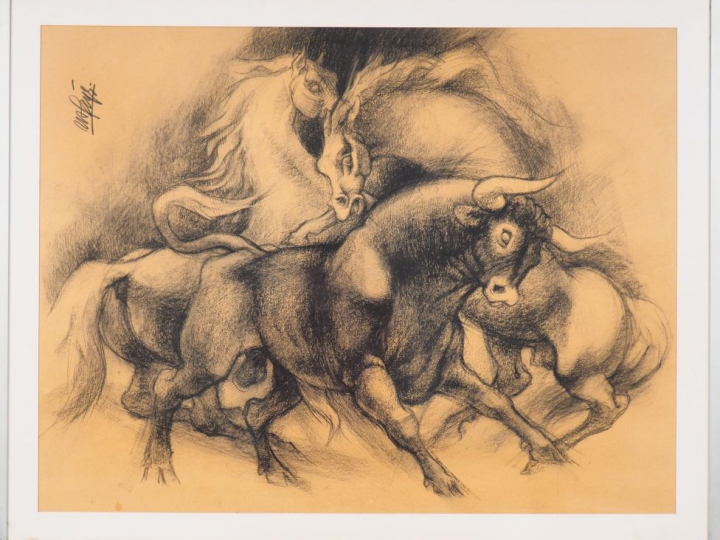 PAGES. "Taureau de combat et chevaux". Dessin signé en haut à gauche. 