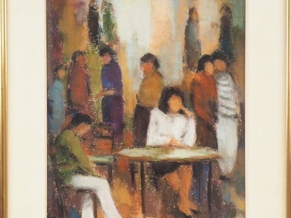 PENDARIES. "Le bistrot". Dessin au crayon gras signé en bas à droite. 