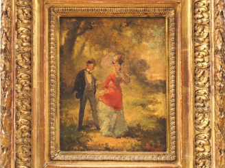 Vente aux enchères PIENOUX. "Conversation galante". Huile sur toile signée en bas à droit