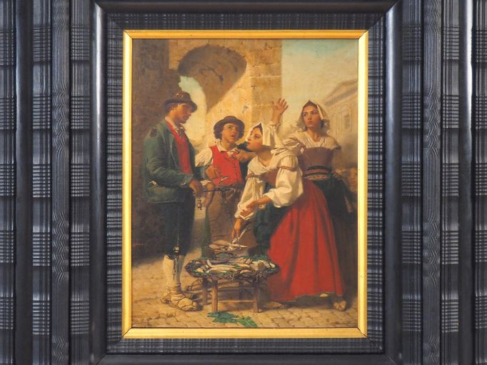 Jacques PILLIARD. "Scène de marché". Huile sur toile signée en bas à g