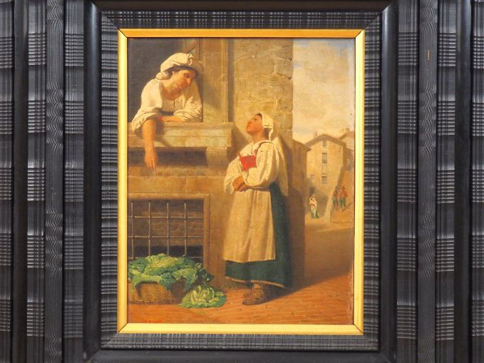 Jacques PILLIARD. "Discussion au bord de la fenêtre". Huile sur toile 