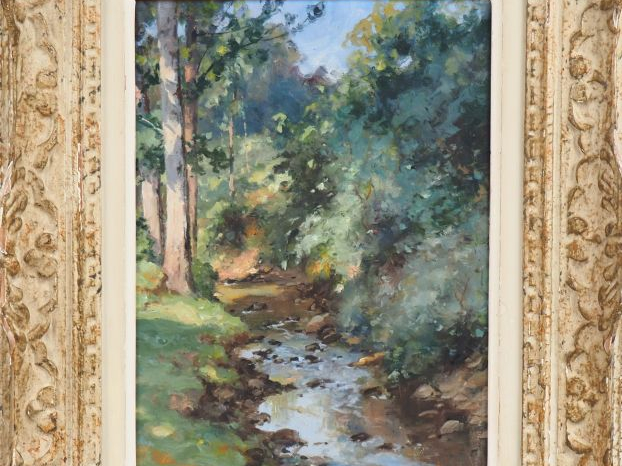 Albert REGAGNON.  "Rivière en Ariège". Huile sur panneau, signée en ba
