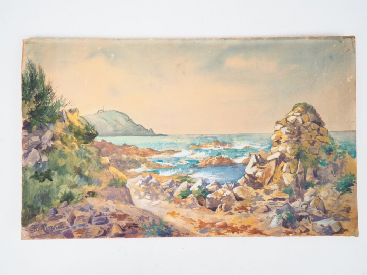 RENAUDIN. "La roche avec falaises sémaphore". Aquarelle signée en bas 