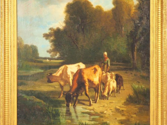 Vente aux enchères Constant TROYON. "Bergère et son troupeau près d'un lac". Huile sur to