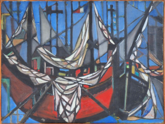 Vente aux enchères Ecole française XXème. "Le port". Huile sur toile signée en bas à droi