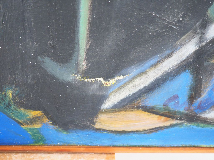 Ecole française XXème. "Le port". Huile sur toile signée en bas à droi