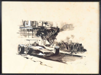 Vente aux enchères Ecole française XXème. "Course automobile". Gouache signée en bas à dr