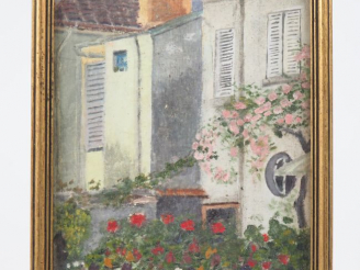 Vente aux enchères Ecole française XXème. "Jardin fleuri". Huile sur carton Dim. 24 x 18 