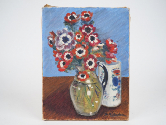 Vente aux enchères Ecole française XXème. "Bouquet d'anémones". Huile sur toile signée en