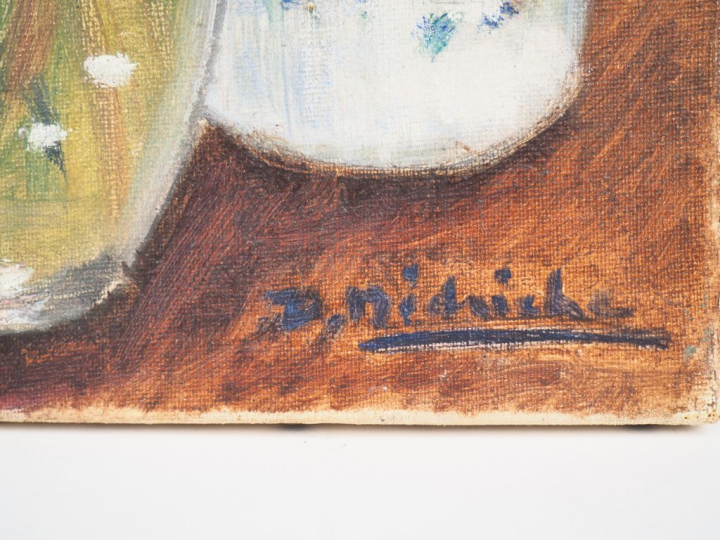 Ecole française XXème. "Bouquet d'anémones". Huile sur toile signée en