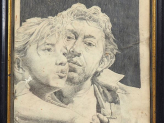 Vente aux enchères Ecole française Xxème. "Portrait de Gainsbourg et sa fille". Dessin mo