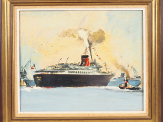 Vente aux enchères Ecole française XXème. "Les paquebots". Huile sur toile, signée en bas