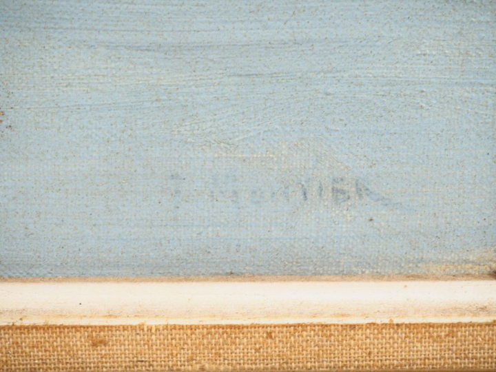 Ecole française XXème. "Les paquebots". Huile sur toile, signée en bas