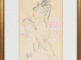 Vente aux enchères Ecole française XXème. "Odalisque moderne". Dessin rehaussé signé en b