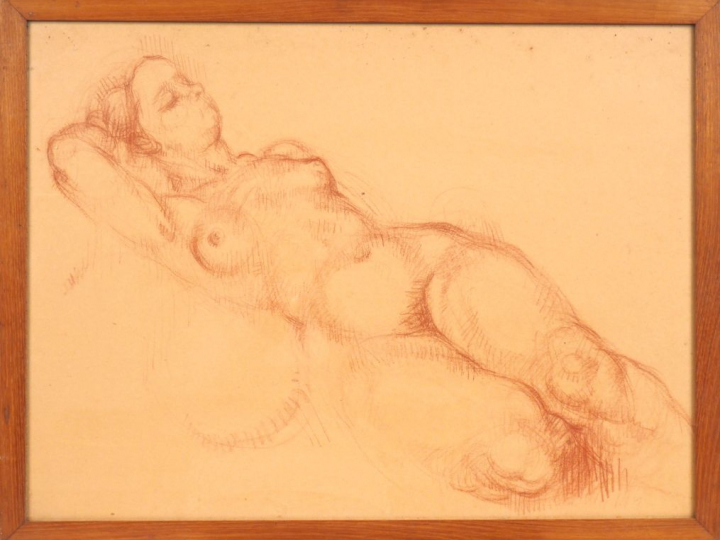 Ecole française Xxème. "Femme nue allongée". Dessin à la sanguine. Dim
