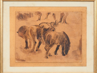 Vente aux enchères Ecole française Xxème. "Chevaux dans le près". Aquarelle signée en bas