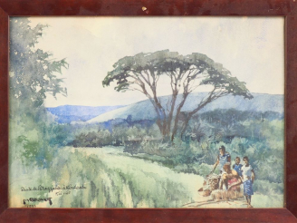 Vente aux enchères Ecole africaniste XXème. "Route de Brazzaville". Aquarelle signée en b
