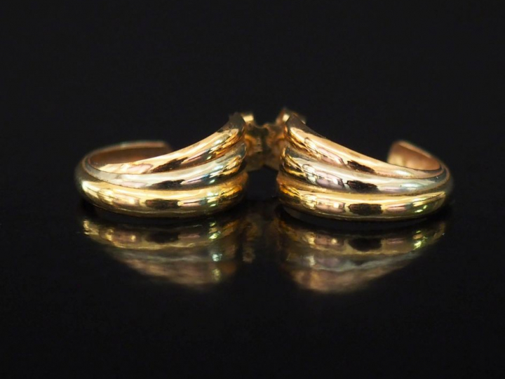 Paire de demi créoles trois tons d'or de forme torsadée.  H. 1,5 cm Po