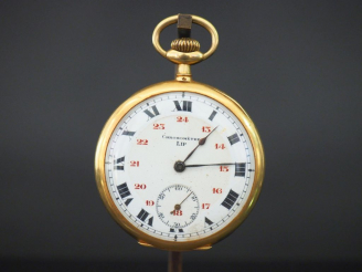 Vente aux enchères LIP, Montre de gousset chronomètre en or jaune.  Cadran rond à chiffre