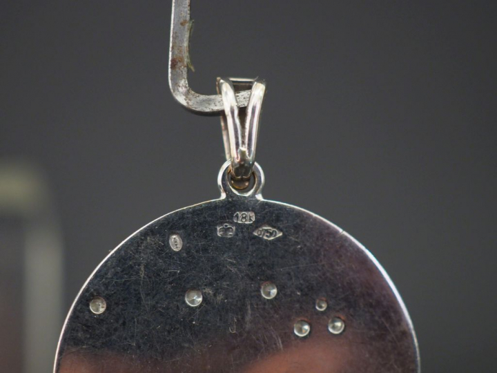 Pendentif circulaire en or blanc, sertie de quatorze petits diamants. 